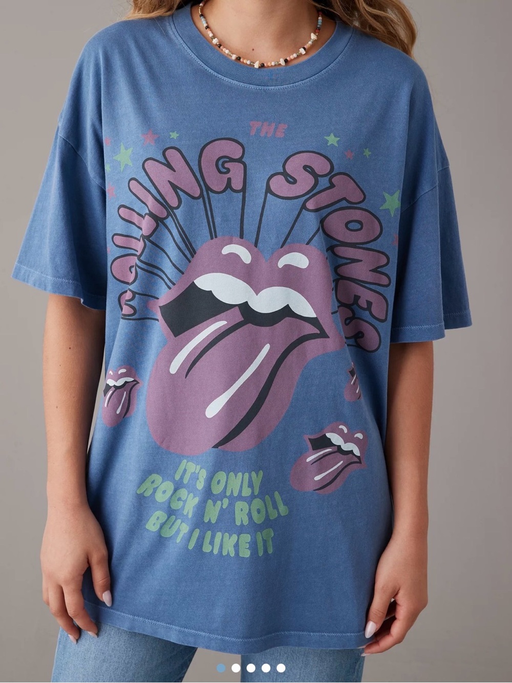American Eagle Light Blue Short Sleeve Graphic Tee Rolling Stones Tongue M EUC
